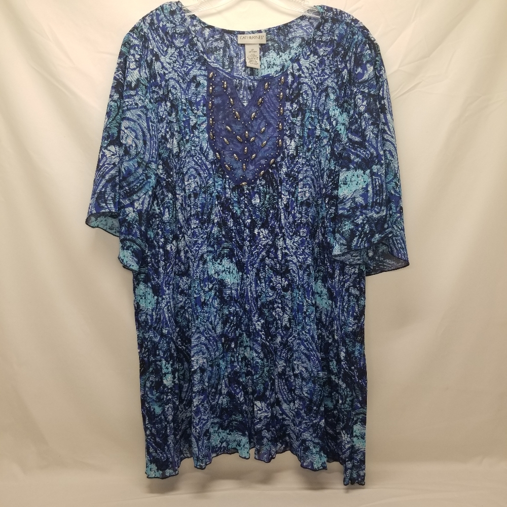 Catherines Womans Size 2XL 22/24W Blouse Tunic Blue Black Beaded Pleated
